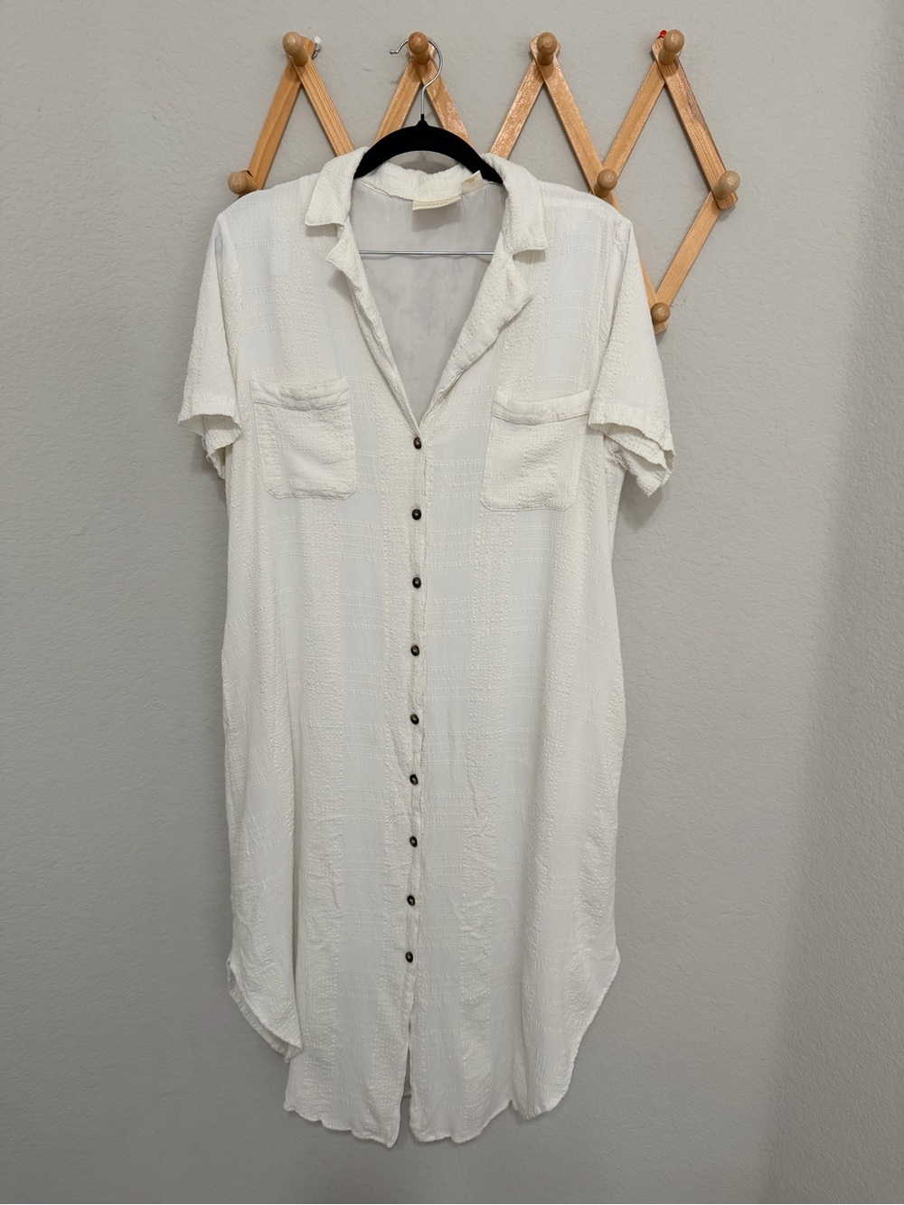 Anthropologie Maeve White Textured Button Down Short Sleeve Dress Size Large